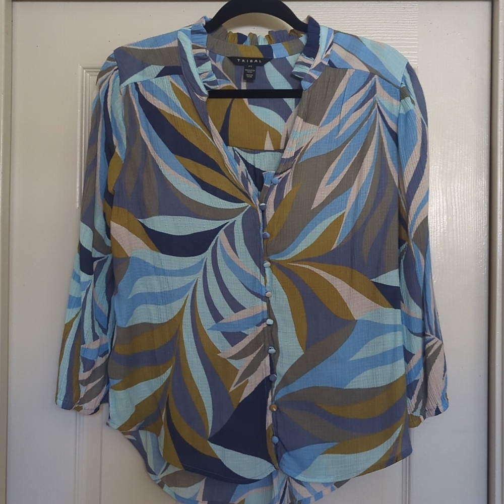 Women's Petite Blue Tribal Button Down Blouse